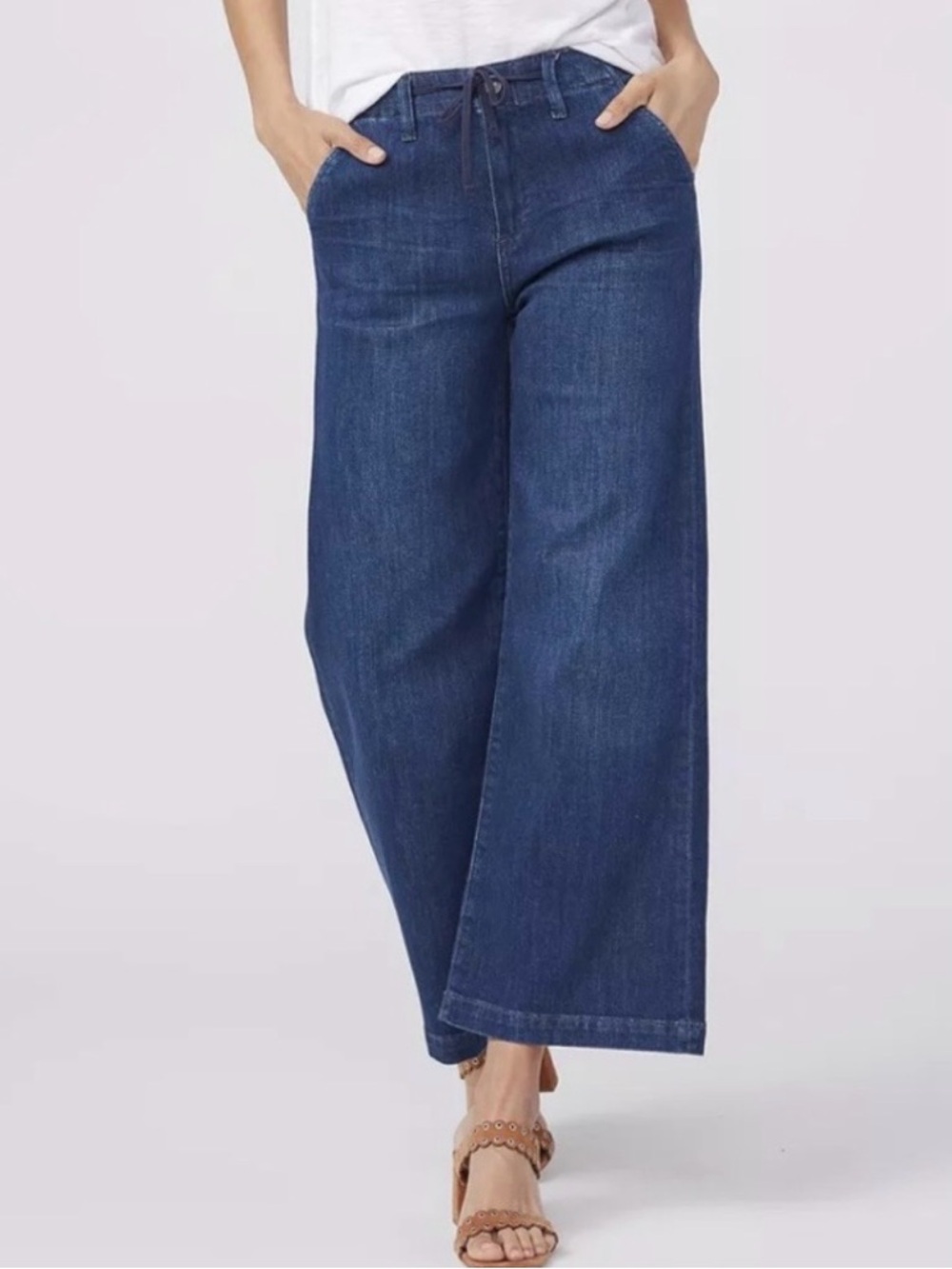 PAIGE Carly Wide Leg Crop Jeans Dark Wash Drawstring Waist NWT Size 25 High Rise